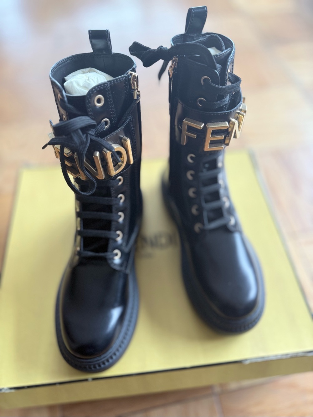 Fendi Black Leather Combat Boots with Gold Logo Plaques